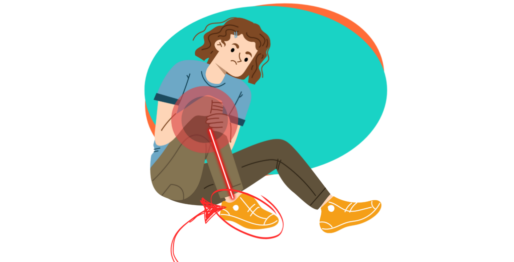 A person is sitting with their legs bent and holding their knee in pain. An arrow points to the knee indicating the location of the pain. Another arrow points to the feet, suggesting that the pain might be related to an issue with the feet or ankles, possibly due to misalignment, improper footwear, or other factors.